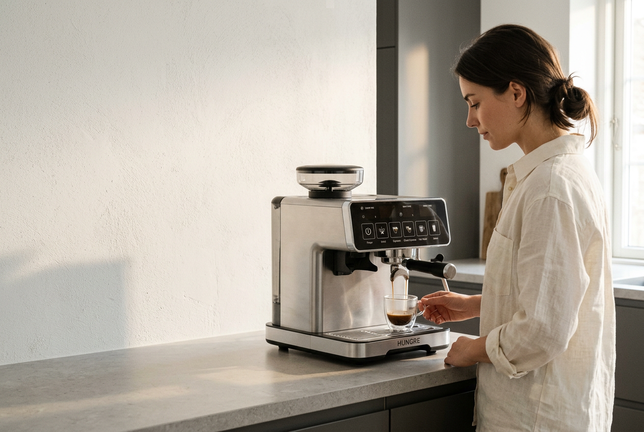 A quiet morning, preparing espresso with a HUNGRE coffee machine